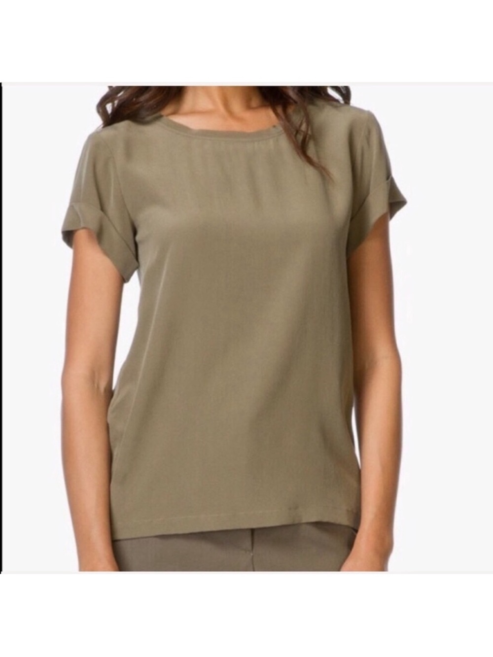 Theory Olive Green Short-Sleeve Crew Neck Shirt 100% Silk